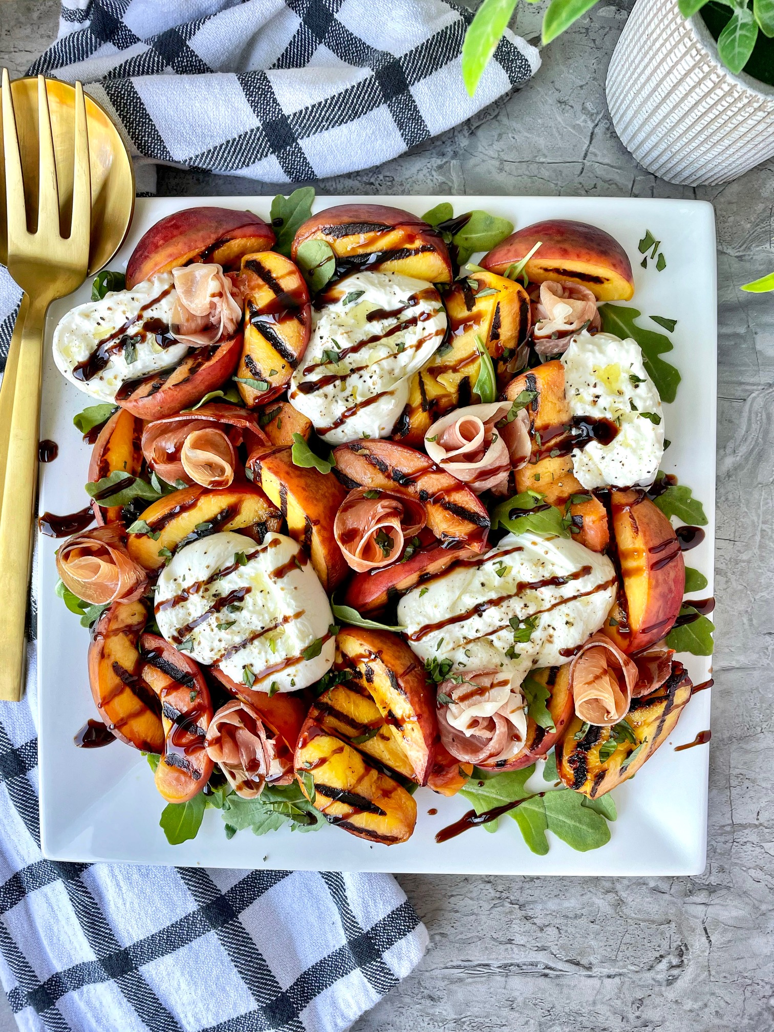 Peach and burrata salad with fresh basil and balsamic